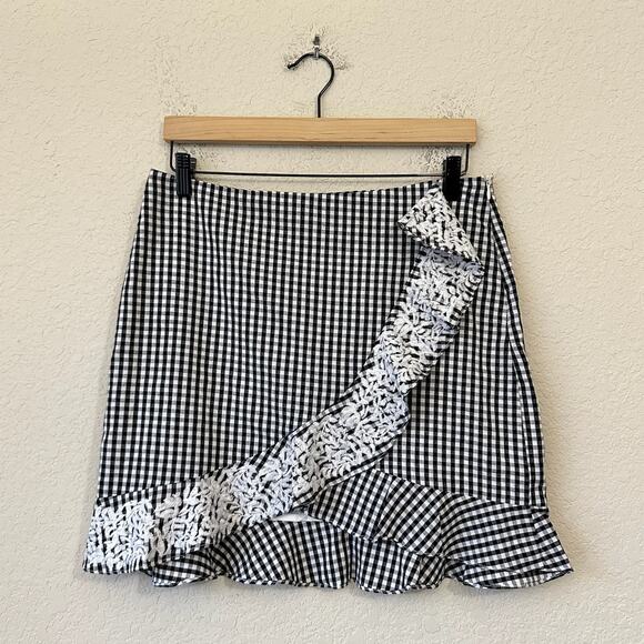 J. Marie Dresses & Skirts - J.MARIE Mini Skirt Black White Gingham Lined Ruffled Faux Wrap Cotton